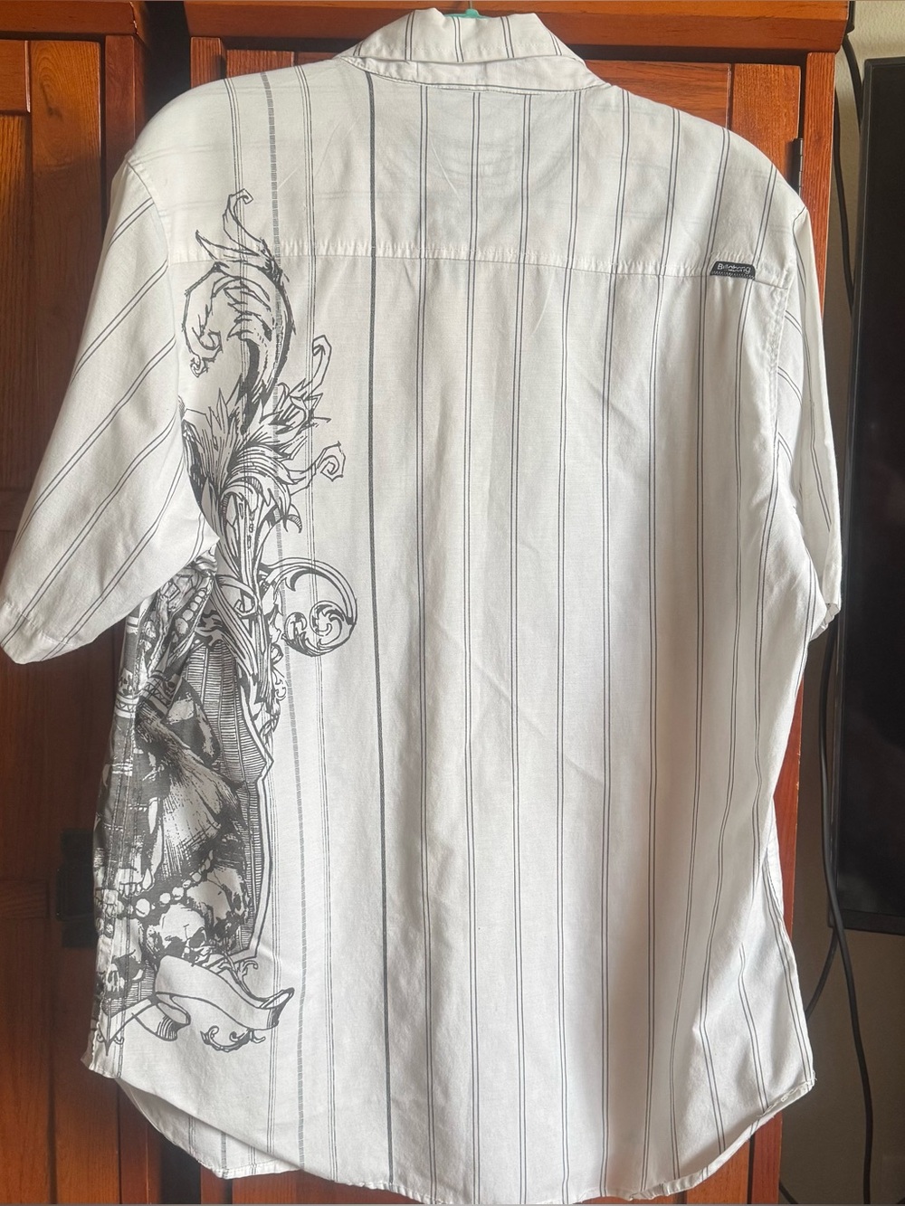 Billabong White Shirt with Gray Pinstripes and Graphic